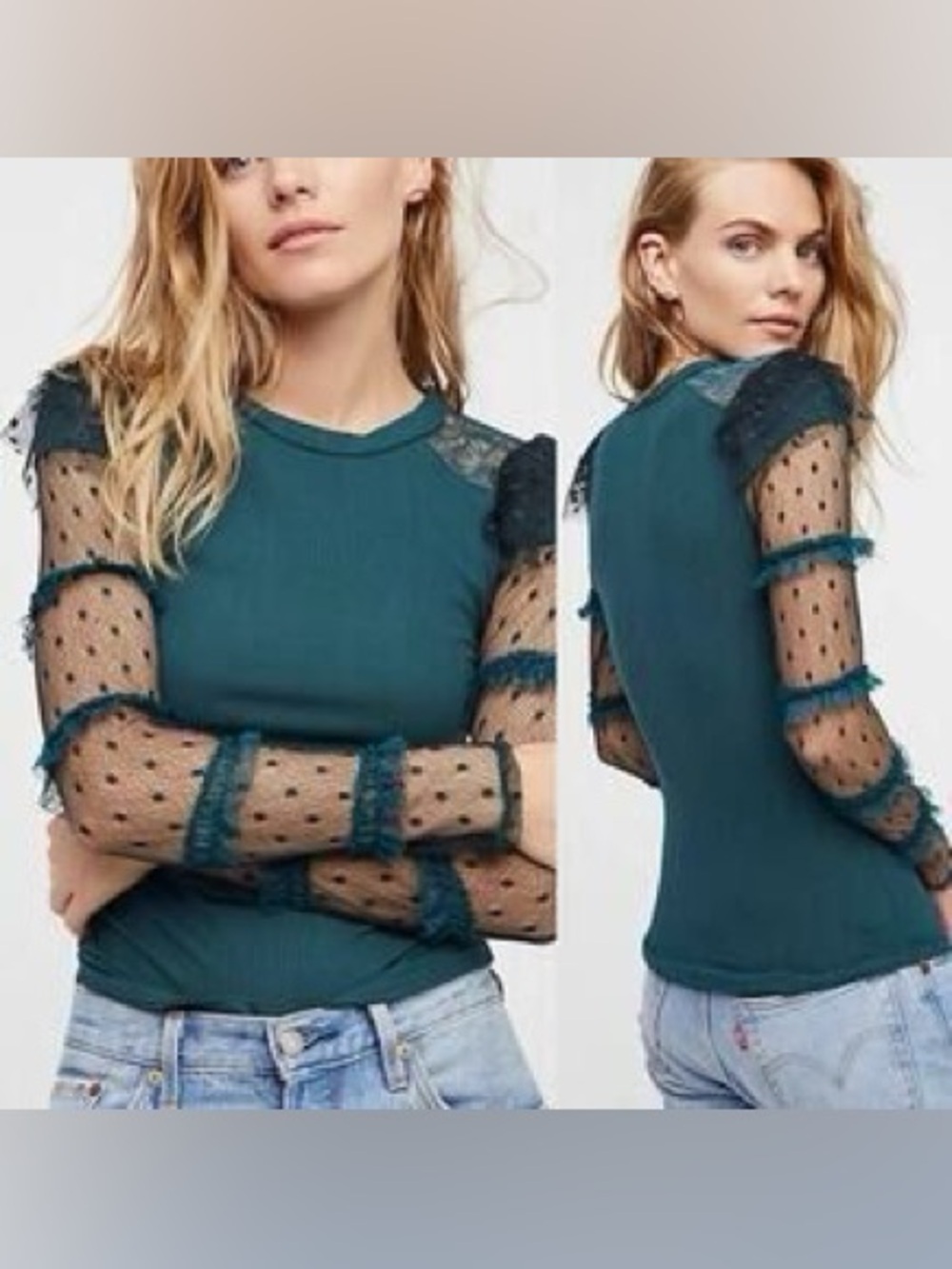 Free People Ribbed Top Lace Dot Mesh Sleeves Teal Size S‎